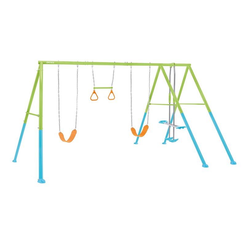 Portique-balançoire 4 agrès - 2 balançoires + face à face + anneaux - intex