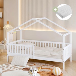 Lit kae cabane barrière blanc + matelas