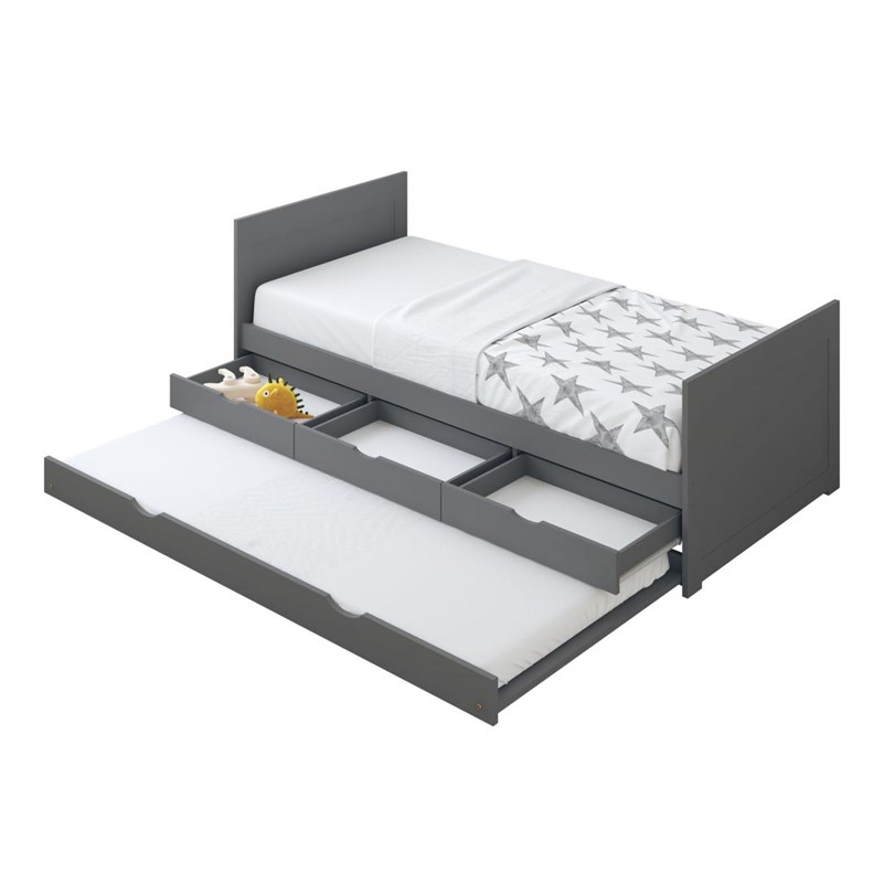 Lit eli gigogne 3 tiroirs gris + matelas