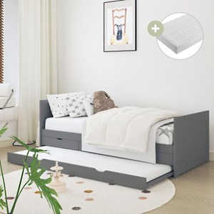 Lit eli gigogne 3 tiroirs gris + matelas