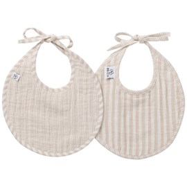 Lot de 2 bavoirs naissance en gaze de coton beige rayé galet
