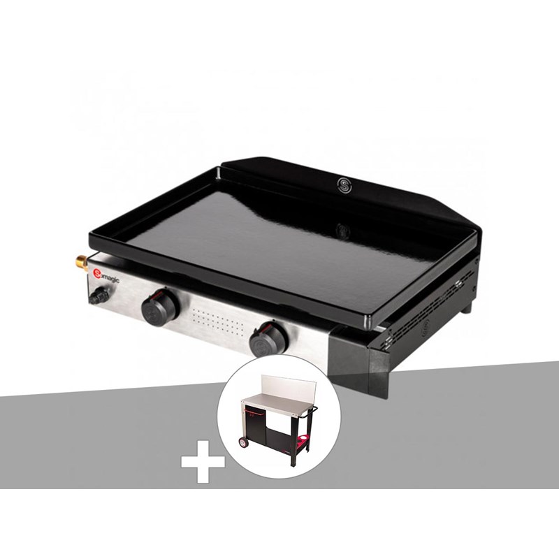 Plancha gaz à poser 2 brûleurs solia 200 - somagic + chariot plancha en métal sa