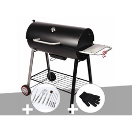 Barbecue à charbon sur chariot michigan + malette de 8 accessoires inox + gant d