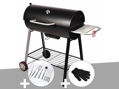 Barbecue à charbon sur chariot michigan + malette de 8 accessoires inox + gant d