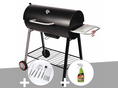Barbecue à charbon sur chariot michigan + malette de 8 accessoires inox + dégrai