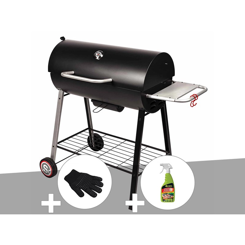 Barbecue à charbon sur chariot michigan + gant de protection + dégraissant pour