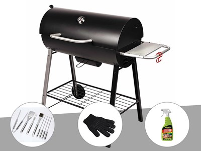 Barbecue à charbon sur chariot michigan + malette de 8 accessoires inox + gant d