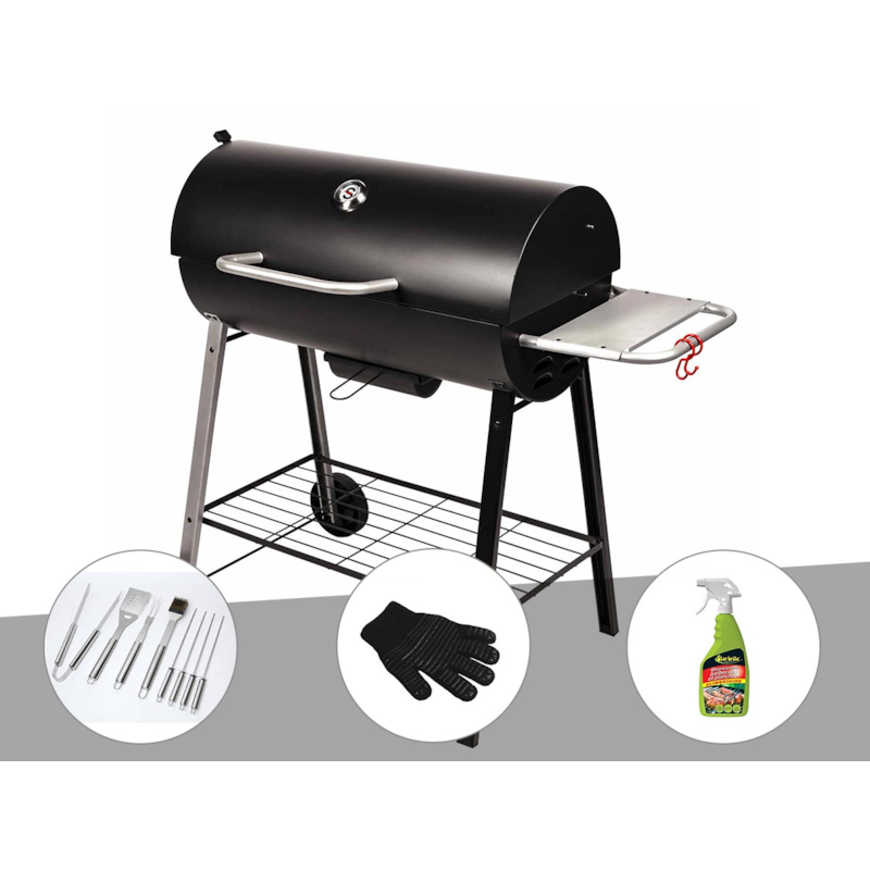 Somagic - Barbecue à charbon sur chariot michigan + malette de 8 accessoires inox + gant d