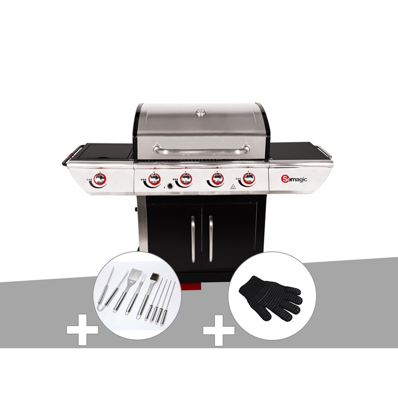 Somagic - Barbecue à gaz avec chariot manhattan 450gpi + plancha + malette de 8 accessoire