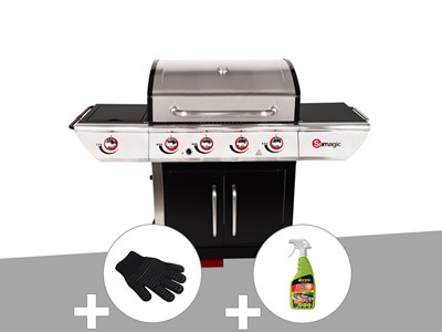 Barbecue à gaz avec chariot manhattan 450gpi + plancha + gant de protection + dé