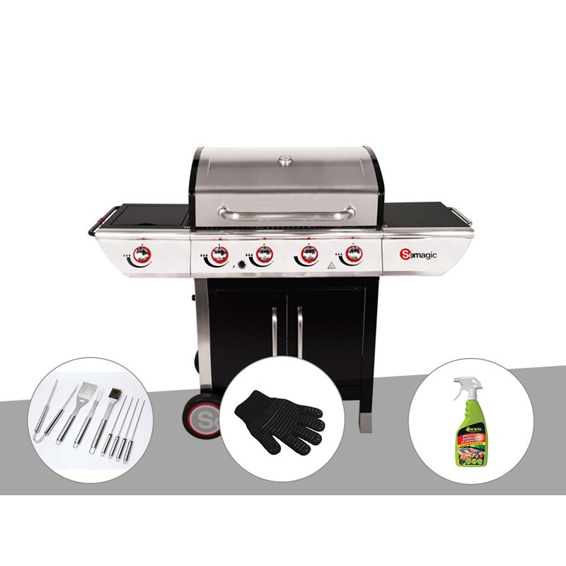 Somagic - Barbecue à gaz avec chariot manhattan 450gpi + plancha + malette de 8 accessoire