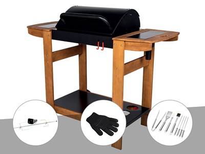 Barbecue à charbon indiana + kit tournebroche + gant + malette 8 accessoires - s