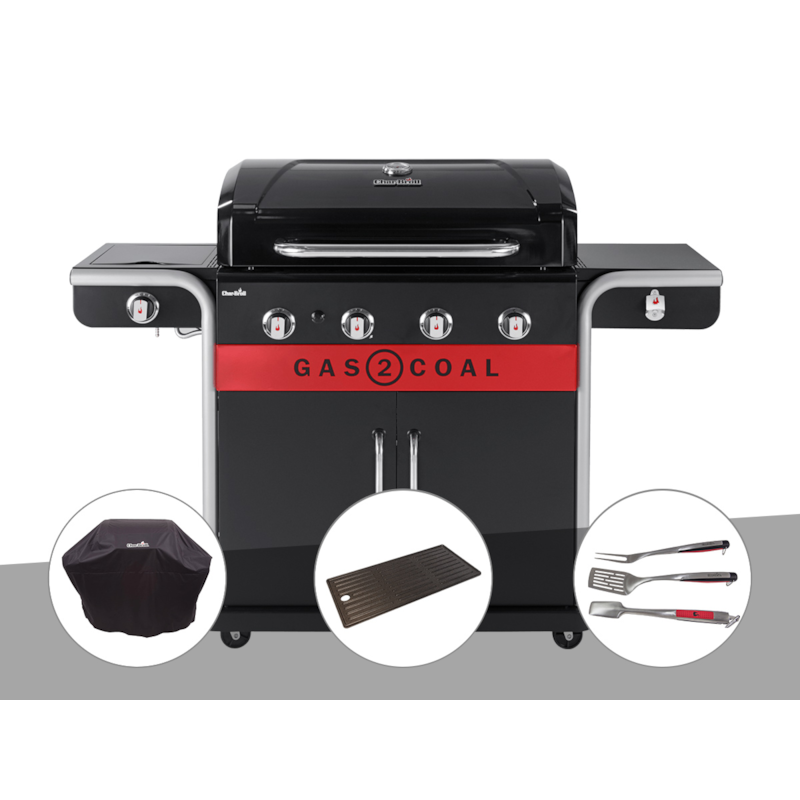 CHAR BROIL Barbecue &agrave; gaz et &agrave; charbon gas2coal 2.0 4b + housse de protection + plancha + k