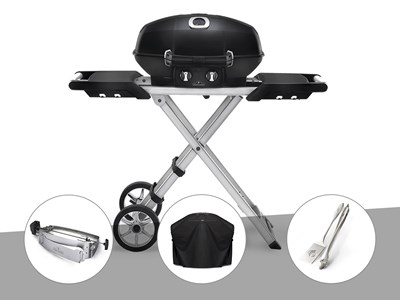 Barbecue à gaz travel q pro 285x + rôtissoire + housse + ensemble 2 ustensiles -