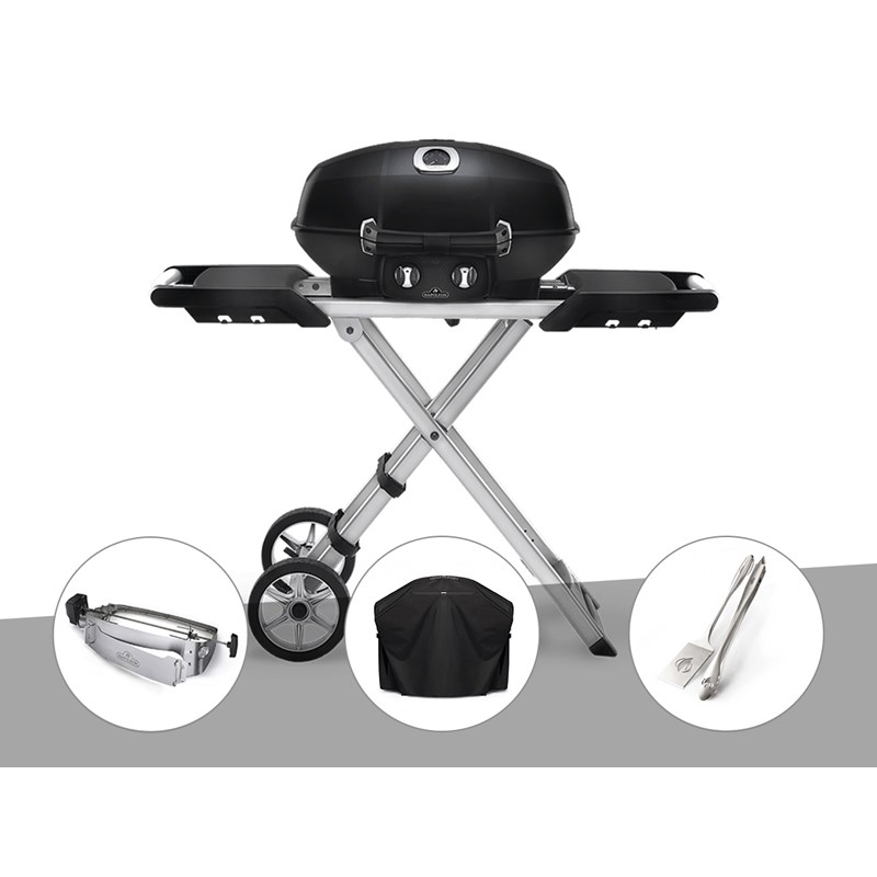 Napoleon - Barbecue à gaz travel q pro 285x + rôtissoire + housse + ensemble 2 ustensiles -