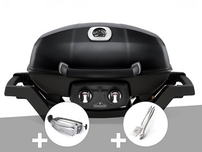 Barbecue à gaz travel q pro 285 noir + rôtissoire + ensemble 2 ustensiles - napo