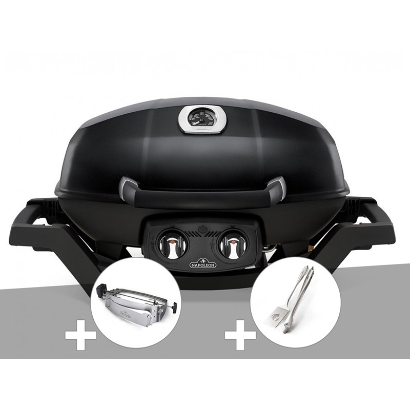 Napoleon - Barbecue à gaz travel q pro 285 noir + rôtissoire + ensemble 2 ustensiles - napo