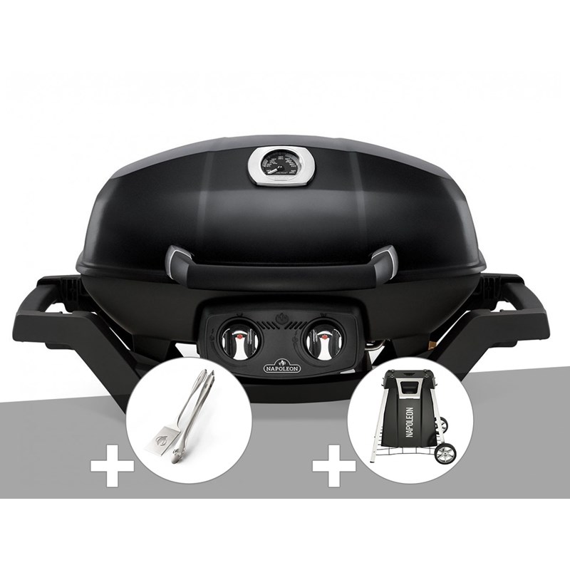 Napoleon - Barbecue à gaz travel q pro 285 noir + ensemble 2 ustensiles + chariot - napoleo