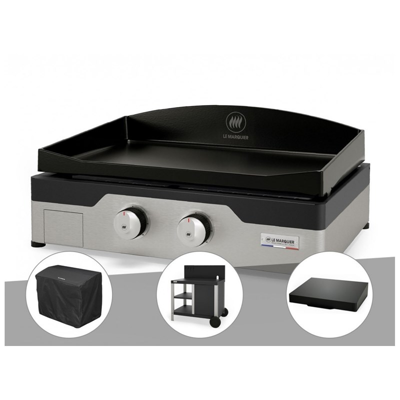Le Marquier - Plancha gaz signature allure 260 duo + housse de protection + chariot + couvercl