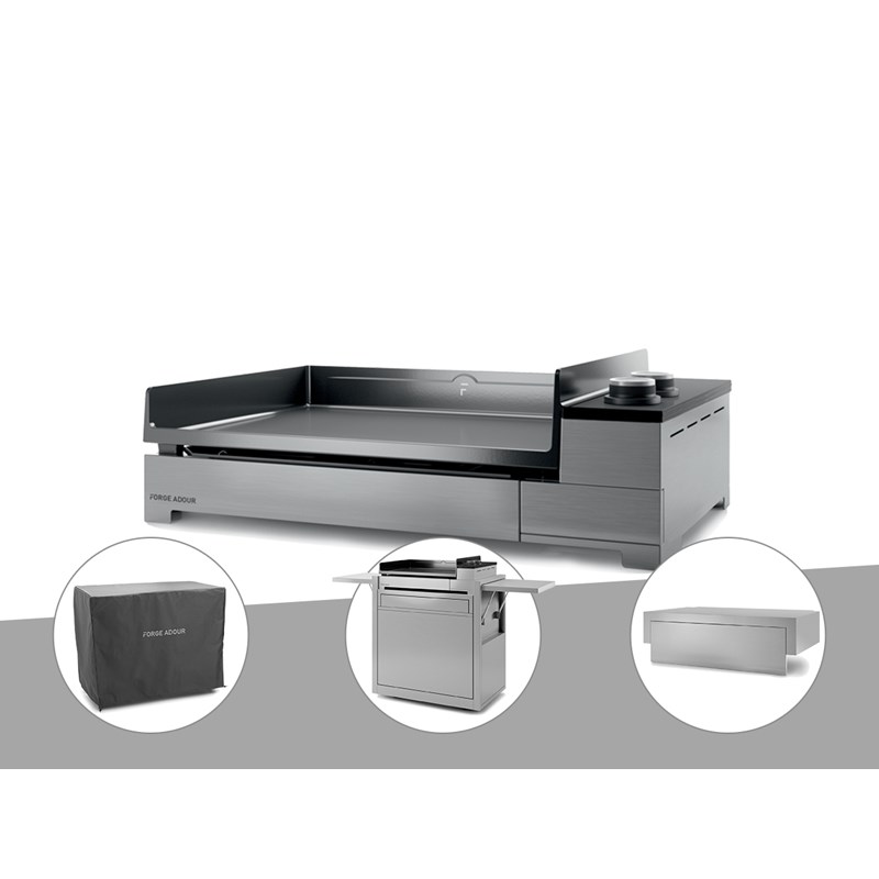 Plancha électrique premium 60 inox avec chariot, housse et couvercle - forge ado