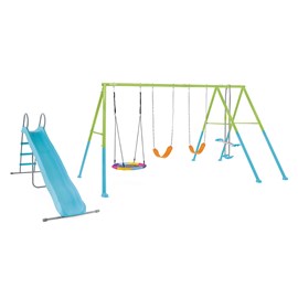 Portique-balançoire 5 agrès - 2 balançoires + face à face + nid d'oiseau + tobog