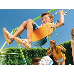 Portique-balançoire 5 agrès - 2 balançoires + face à face + nid d'oiseau + tobog