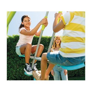 Portique-balançoire 5 agrès - 2 balançoires + face à face + nid d'oiseau + tobog