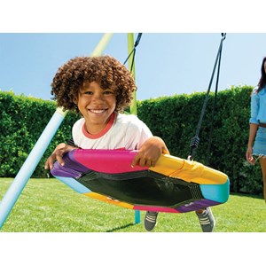 Portique-balançoire 5 agrès - 2 balançoires + face à face + nid d'oiseau + tobog