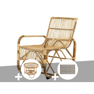 Ensemble salon de jardin bohème en rotin, fauteuil + table basse + tapis prague