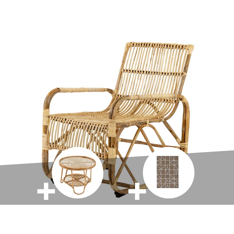 Ensemble salon de jardin bohème en rotin, fauteuil + table basse + tapis alexand