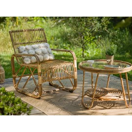 Ensemble salon de jardin bohème en rotin, fauteuil + table basse + tapis marrake