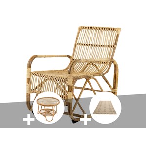 Ensemble salon de jardin bohème en rotin, fauteuil + table basse + tapis marrake