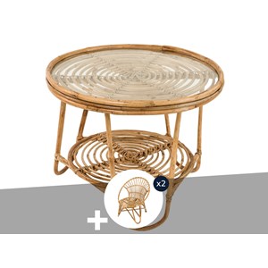 Ensemble salon de jardin bohème, 2 fauteuils  rotin rond + table basse - jardili