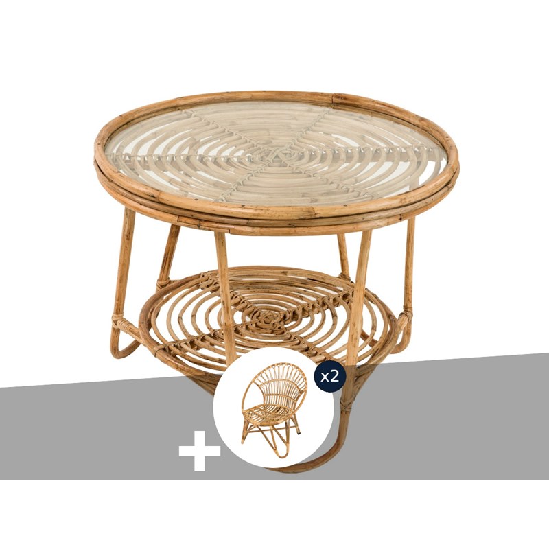 Ensemble salon de jardin bohème, 2 fauteuils rotin rond + table basse - jardili