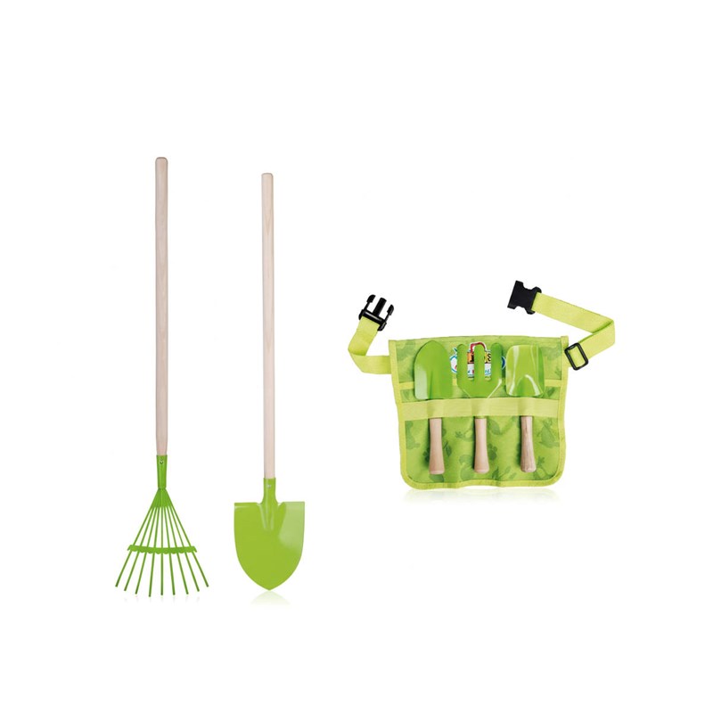 Pack petit jardinier - ceinture avec 3 outils + pelle bois et métal + râteau de