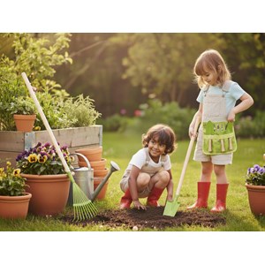Pack petit jardinier - ceinture avec 3 outils + pelle bois et métal + râteau de