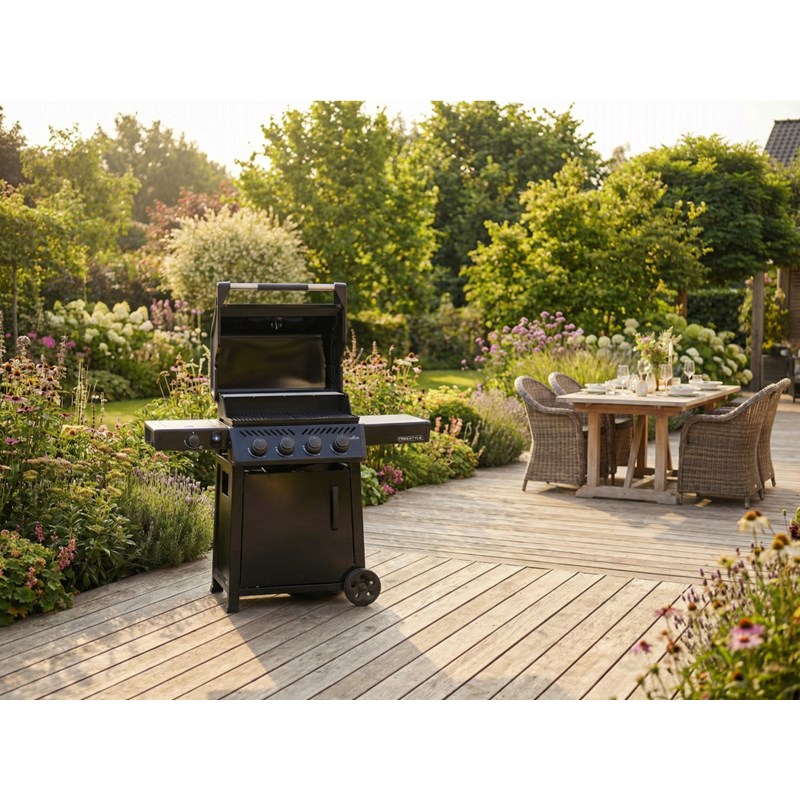 Barbecue gaz freestyle 425 noir 4 brûleurs + 1 réchaud latéral, avec porte et br