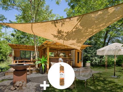 Voile d'ombrage naturelle jute triangulaire 3 m + 1 corde fibre de coco 12 m - j