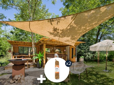 Voile d'ombrage naturelle jute triangulaire 5 m + 2 cordes fibre de coco 12 m -