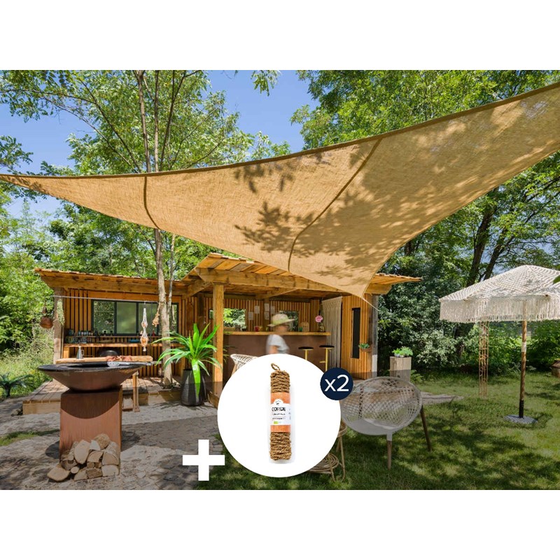 Voile d'ombrage naturelle jute triangulaire 5 m + 2 cordes fibre de coco 12 m -