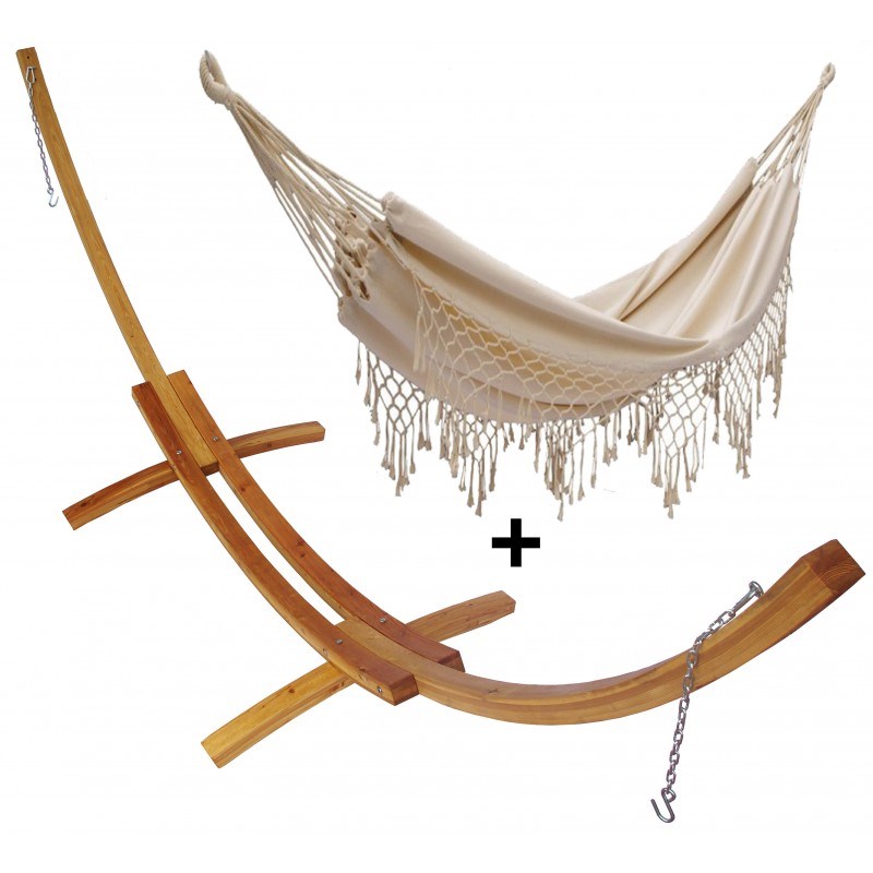 Set support bois avec hamac double franges écru