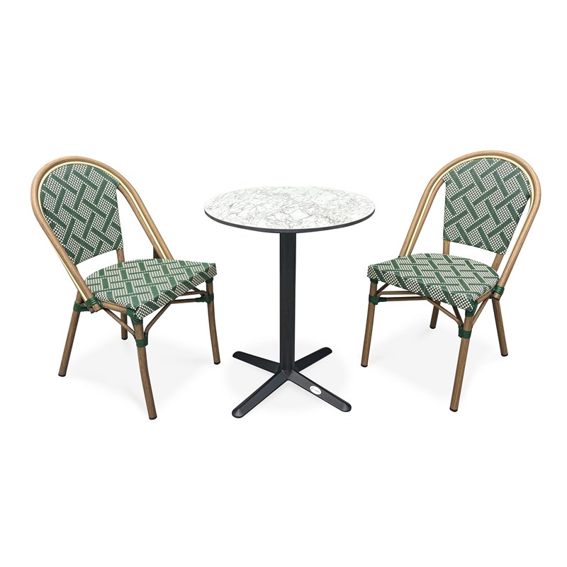 Ensemble repas de jardin 2 places en acier et plateau en hpl - vert