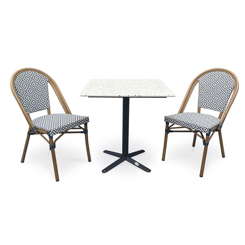 Ensemble repas de jardin 2 places en acier et plateau terrazzo - bleu