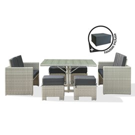 Ensemble repas encastrable 8 places en résine tressée crème + housse