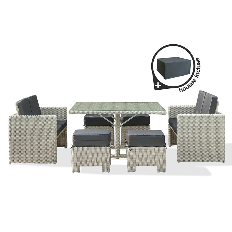 Ensemble repas encastrable 8 places en résine tressée crème + housse