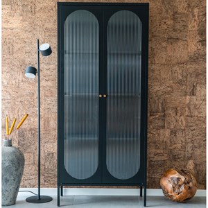 Retro-vitrine 2 portes en verre ondulé et acier noir 90x180 cm