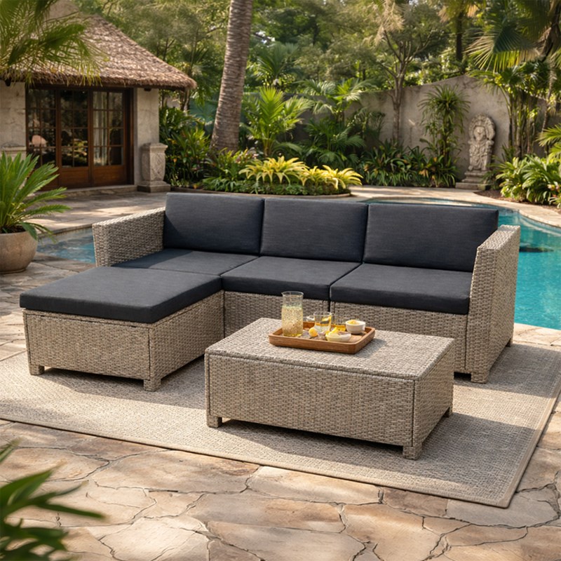 Balleny salon de jardin 4 places en résine tressée gris et noir