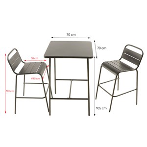 Bergame ensemble table de bar et 2 chaises hautes d'extérieur gris foncé