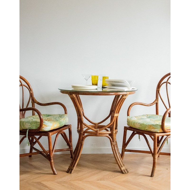 Table à manger ronde en rotin et verre n°614