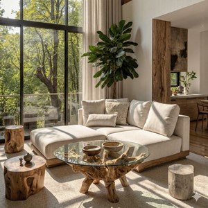 Roots-table basse en teck massif et verre ø110 cm